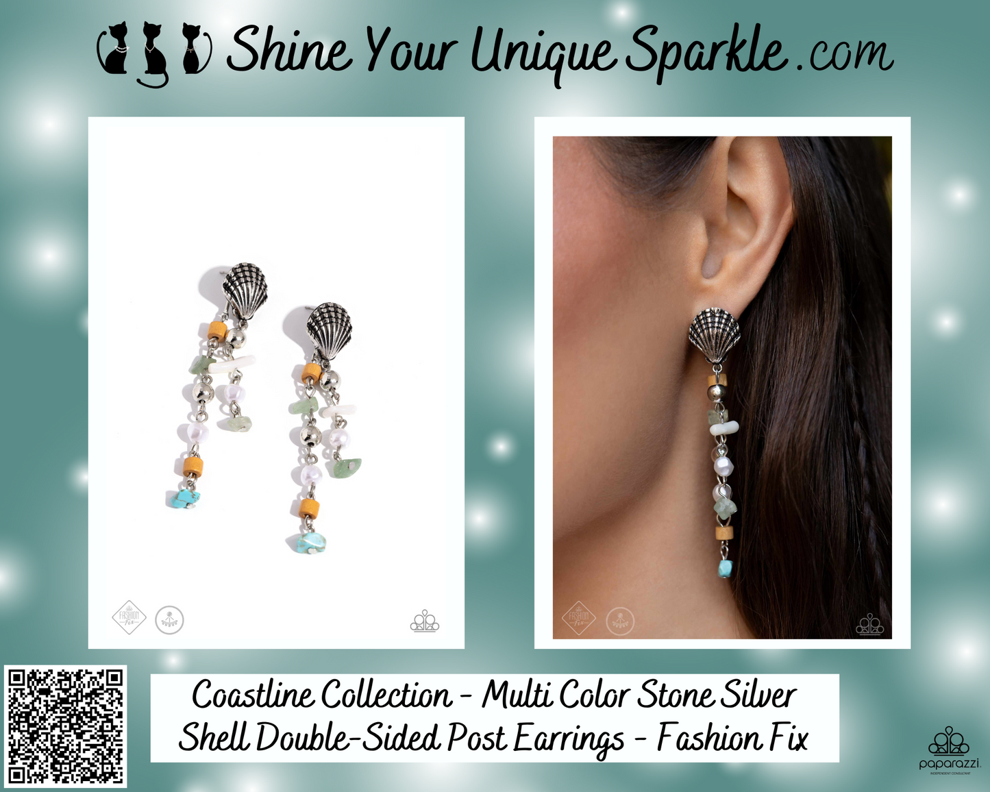 Coastline Collection - Multi Color Stone Silver Shell Double-Sided Post Earrings - Fashion Fix