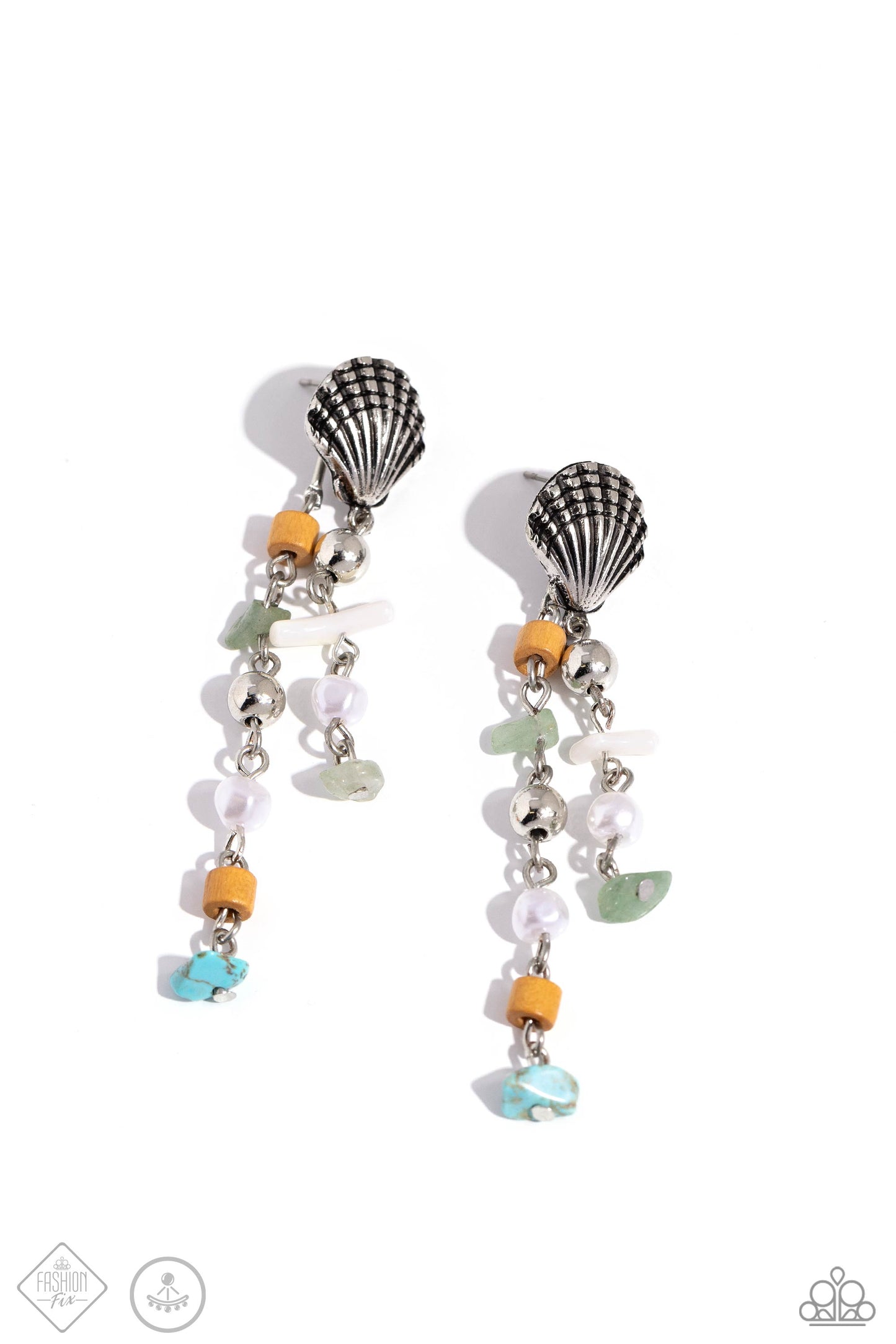 Coastline Collection - Multi Color Stone Silver Shell Double-Sided Post Earrings - Fashion Fix