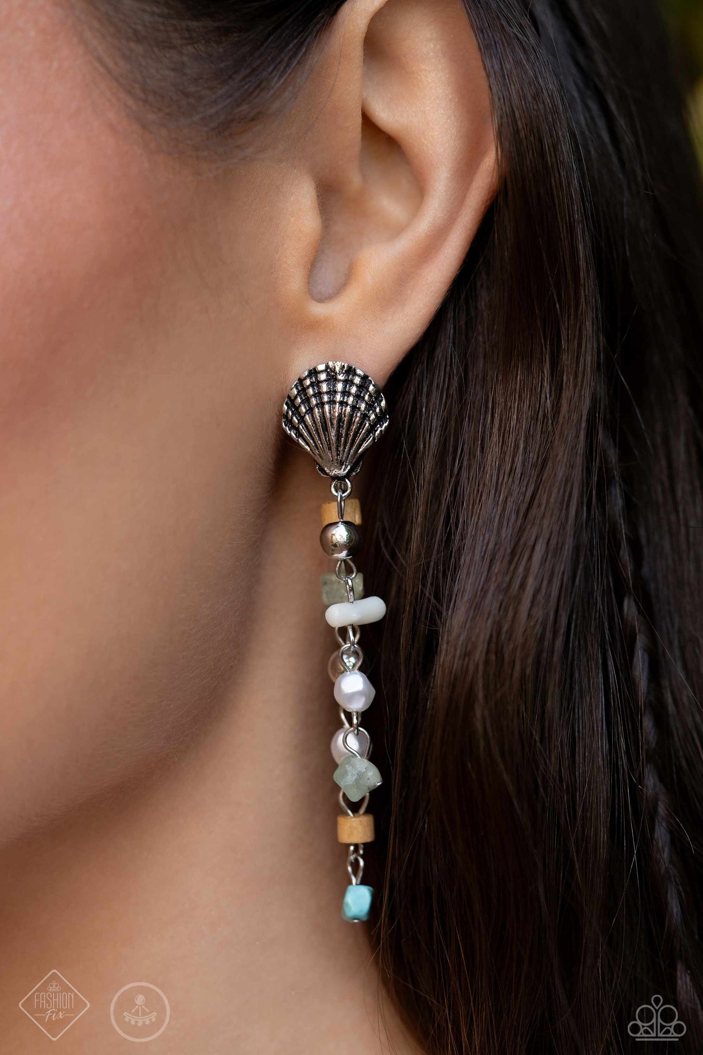 Coastline Collection - Multi Color Stone Silver Shell Double-Sided Post Earrings - Fashion Fix