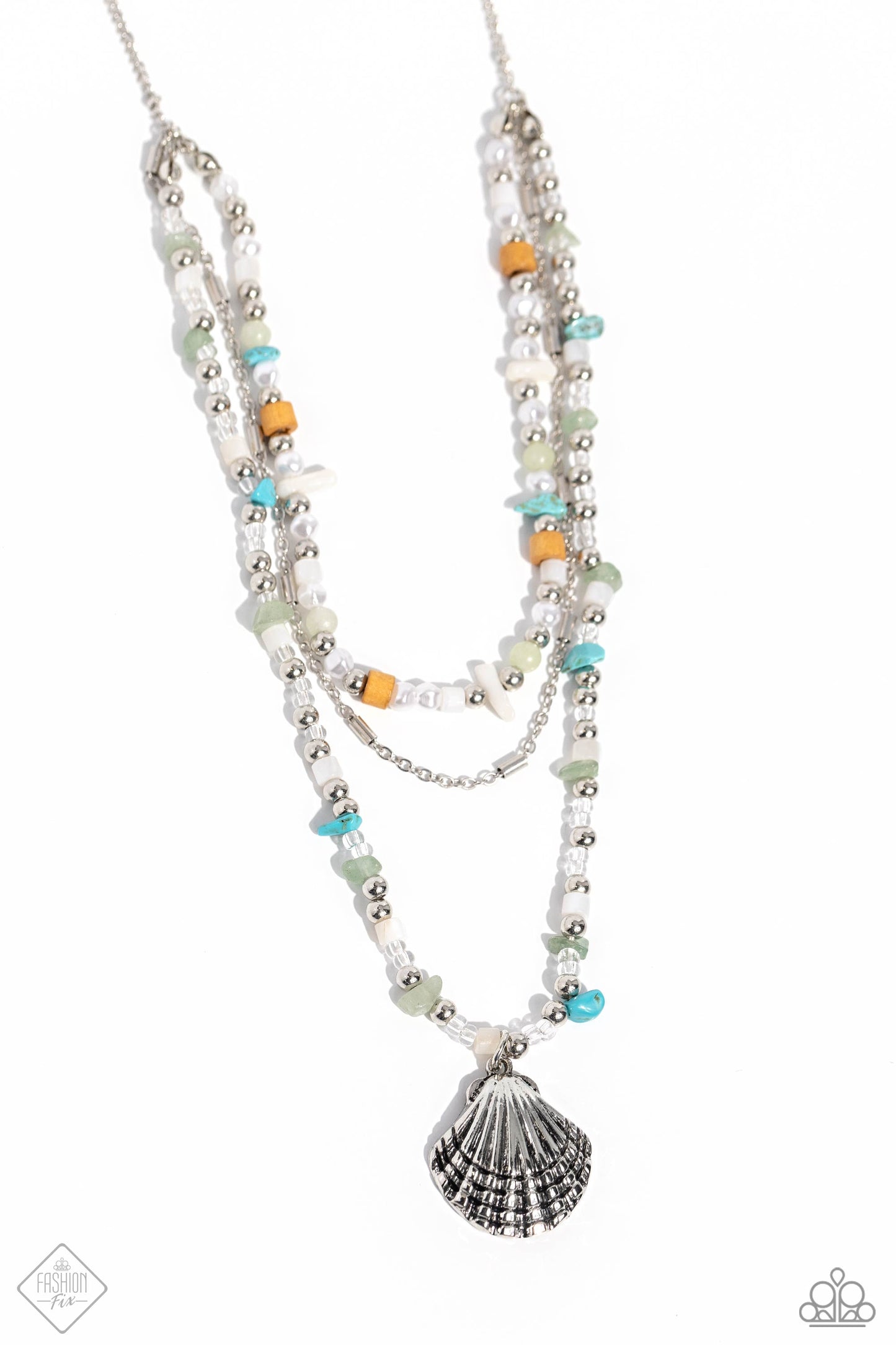 Coastline Couture - Multi Color Stone Silver Shell Layered Short Necklace - Fashion Fix