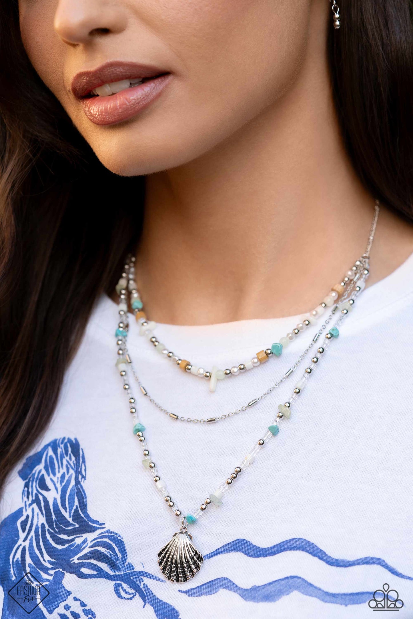 Coastline Couture - Multi Color Stone Silver Shell Layered Short Necklace - Fashion Fix