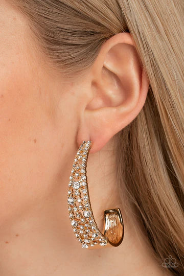 Cold as Ice - Gold with White Rhinestone Hoop, Post Earrings