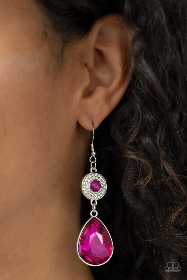 Collecting My Royalties - Pink Gem White Rhinestones Silver Fishhook Earrings