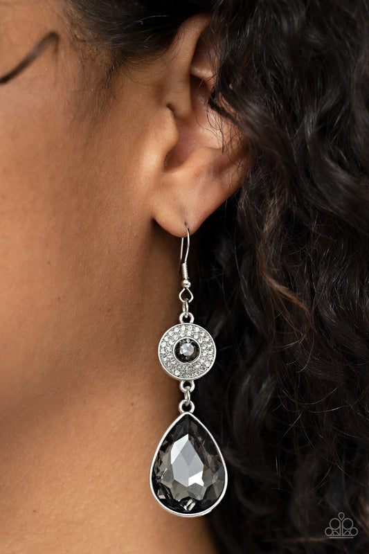 Collecting My Royalties - Gray Gem White Rhinestones Silver Fishhook Earrings