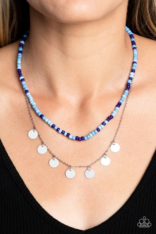 Comet Candy - Blue Seed Bead Silver Disc Short Layered Necklace