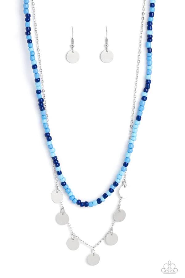 Comet Candy - Blue Seed Bead Silver Disc Short Layered Necklace