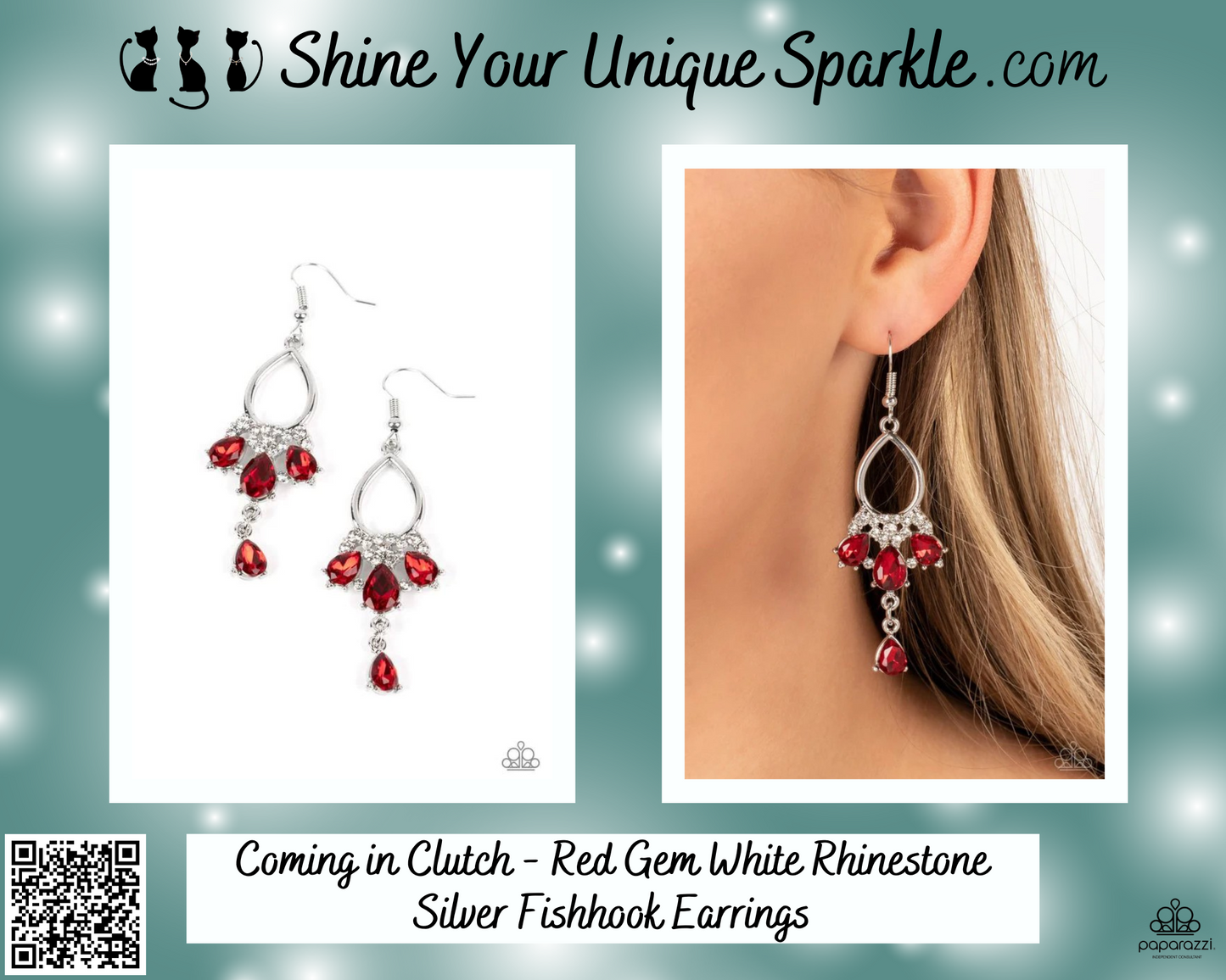 Coming in Clutch - Red Gem White Rhinestone Silver Fishhook Earrings