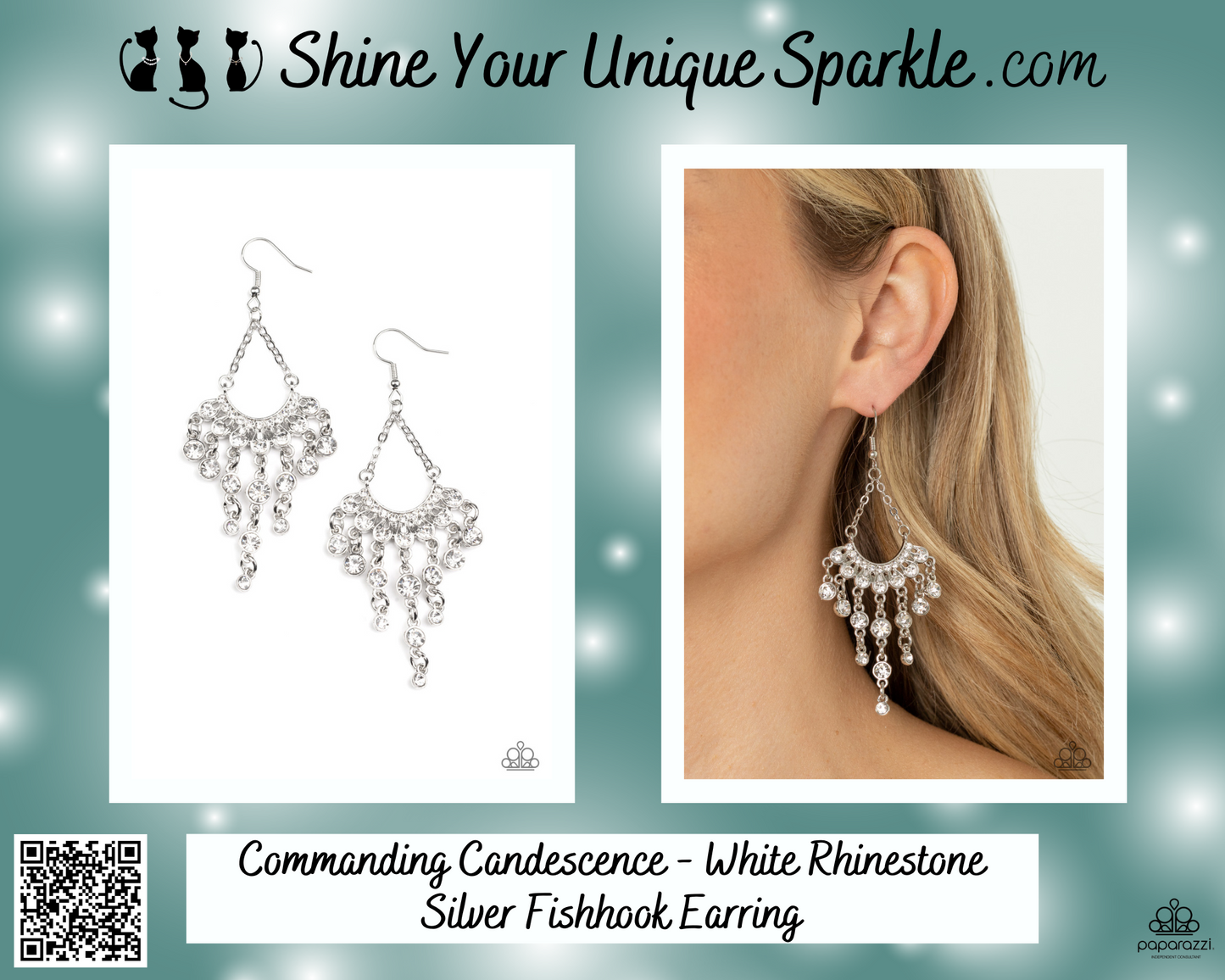 Commanding Candescence - White Rhinestone Silver Fishhook Earring