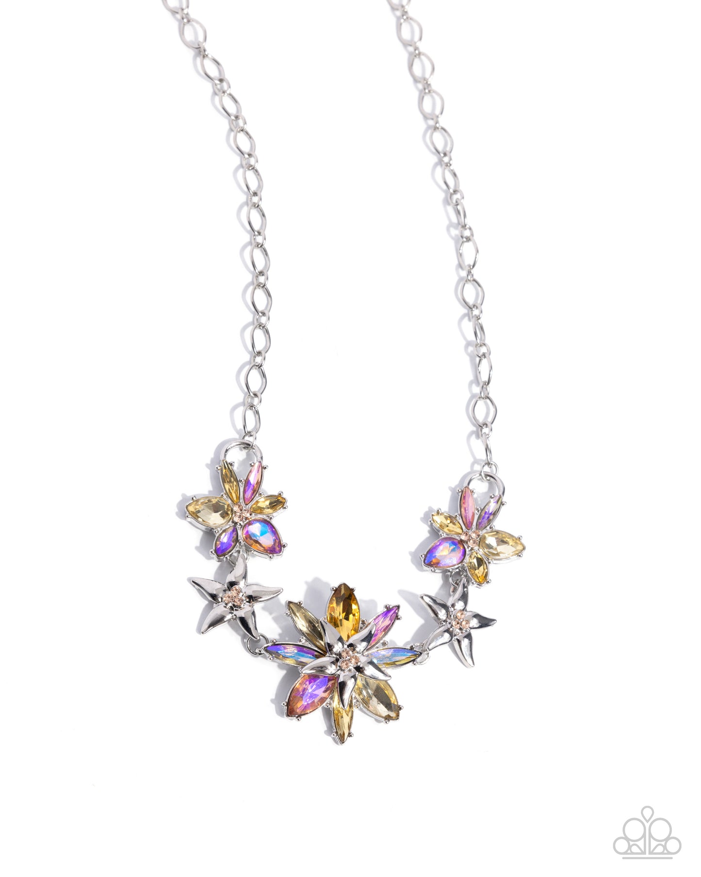 Floral Feature - Yellow Multicolored and UV-Shimmery Gem Flowers Peach Rhinestones Silver Short Necklace