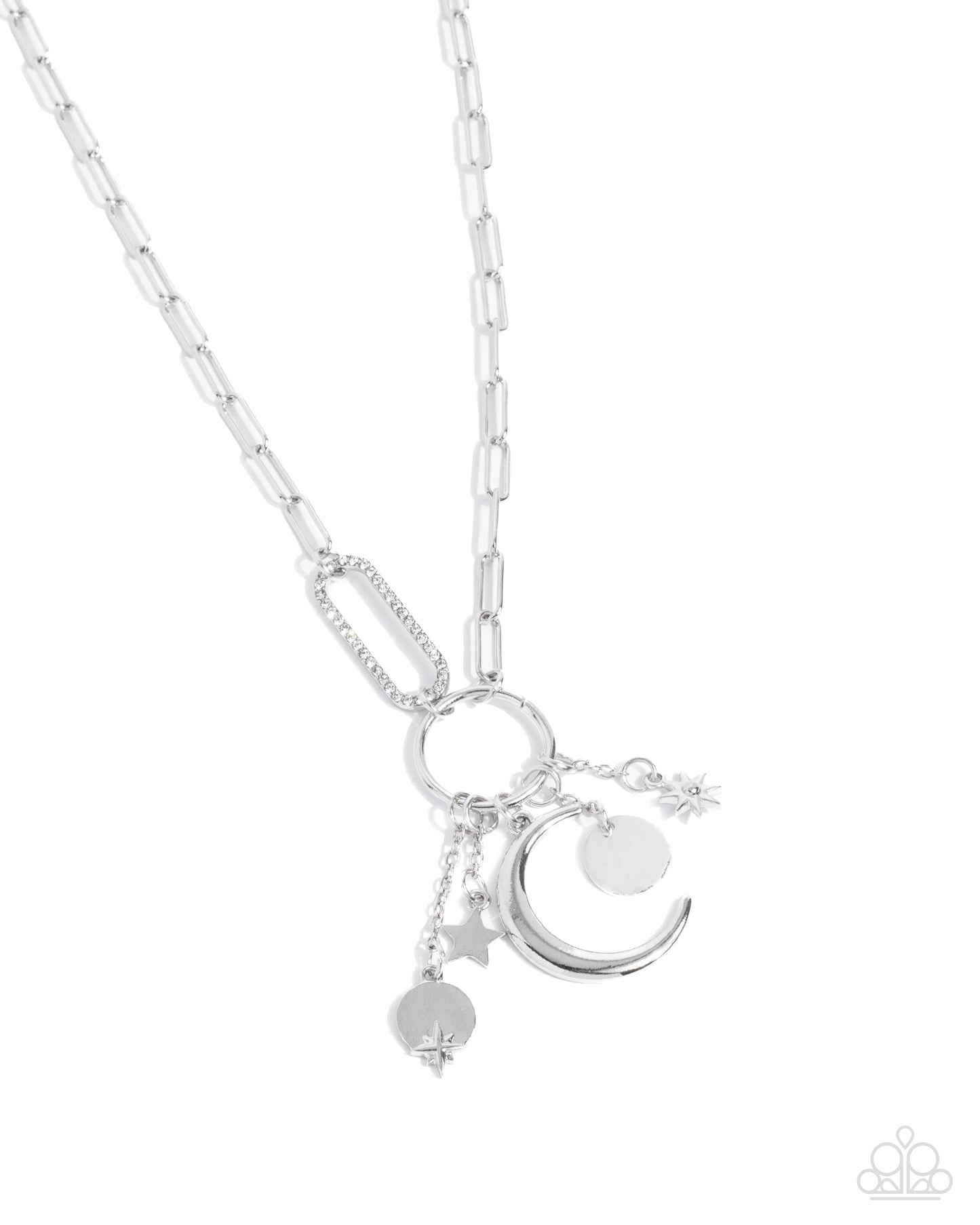 PERFECT MATCH / SET: Astral Ambience - Silver Paperclip Chain, White Rhinestone-encrusted Link, Silver Stars Discs Moon Charms Necklace AND Astral Alias - Silver Paperclip Chain, Silver Stars Discs Sunburst Moon Charms Clasp Bracelet