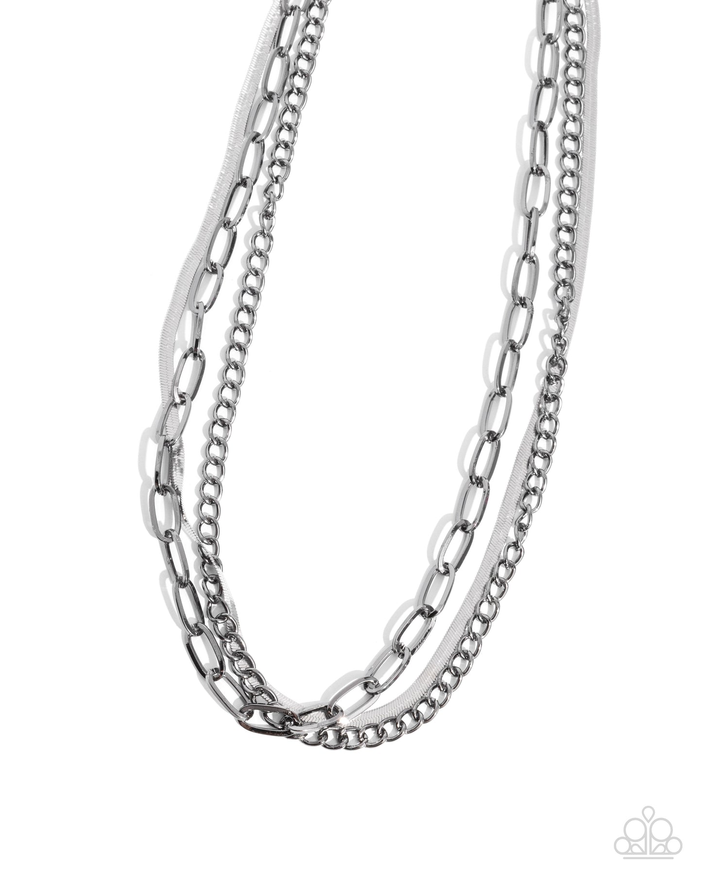 Mismatched Maverick Necklace - Multi Gunmetal Silver, Mixed Paperclip Classic Herringbone Chains Layered Short Necklace