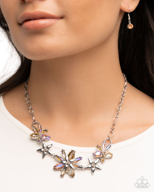 Floral Feature - Yellow Multicolored and UV-Shimmery Gem Flowers Peach Rhinestones Silver Short Necklace