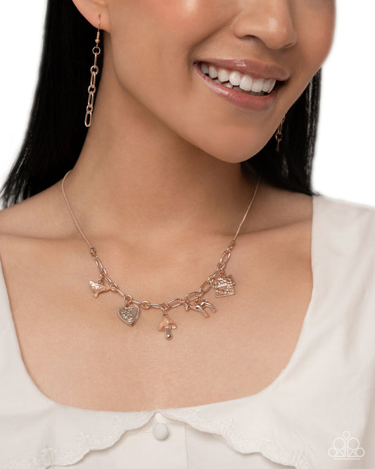 Fairytale Fanfare Necklace - Rose Gold Bird Cottage Mushroom Deer Heart Charms Pendant Paperclip Short Necklace
