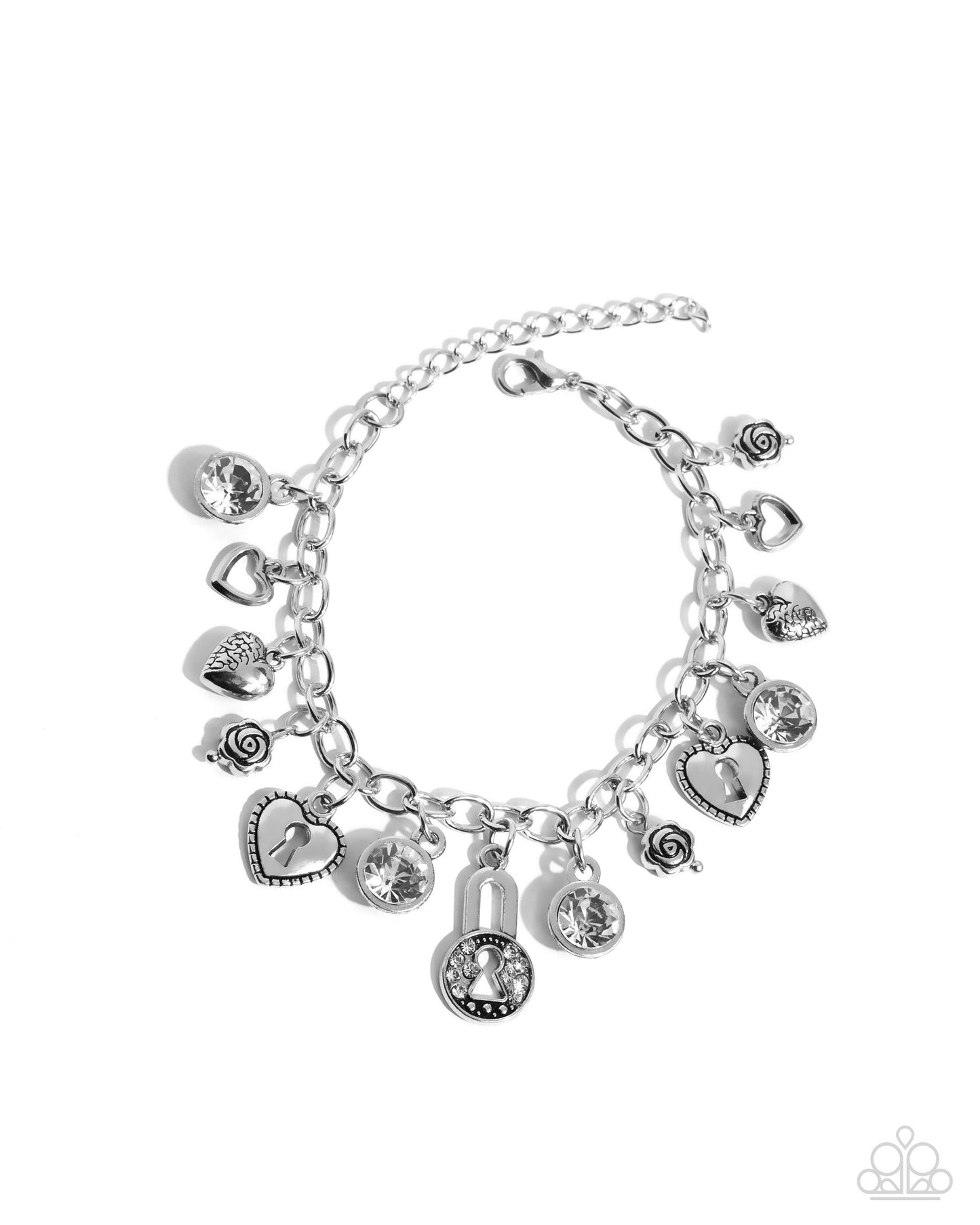 Luxurious Locks - White Gems Rhinestones Silver Hearts Roses Filigree Charms Silver Clasp Bracelet