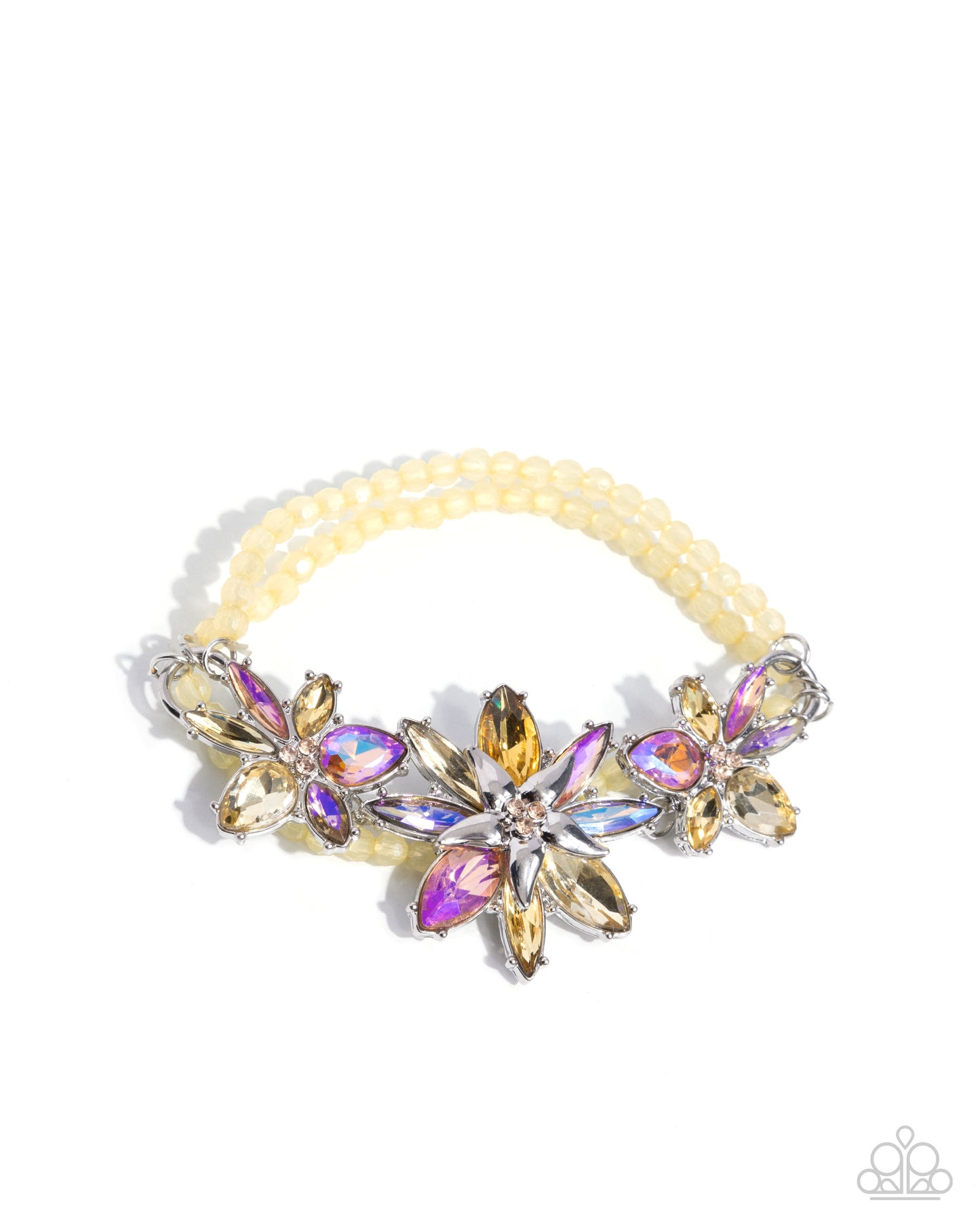 Floral Factor - Yellow Multicolored and UV-Shimmery Gem Flowers Peach Rhinestones Silver Clasp Bracelet