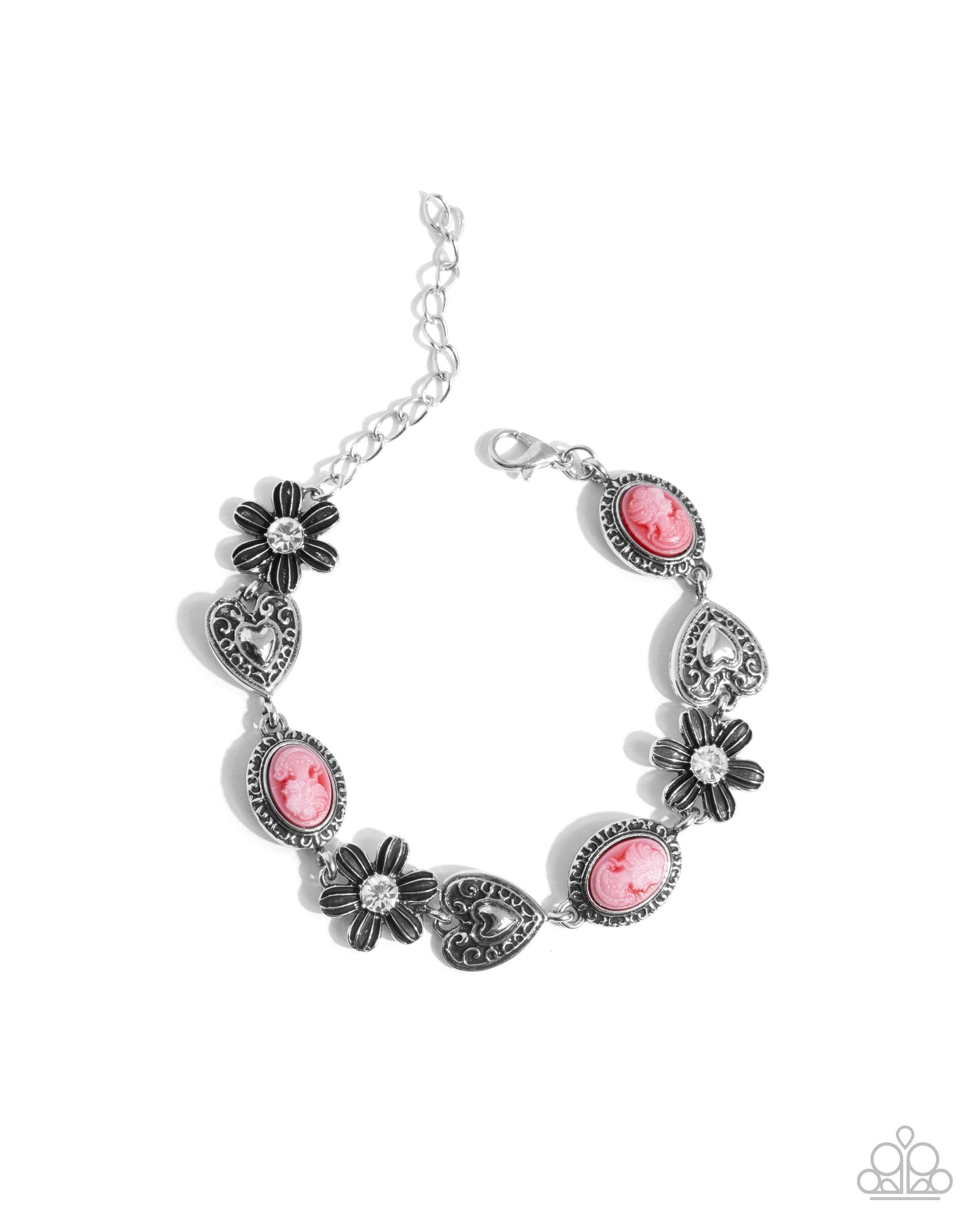 Ageless Account - Red Cameo Pendants Hearts Flowers White Gem Silver Clasp Bracelet