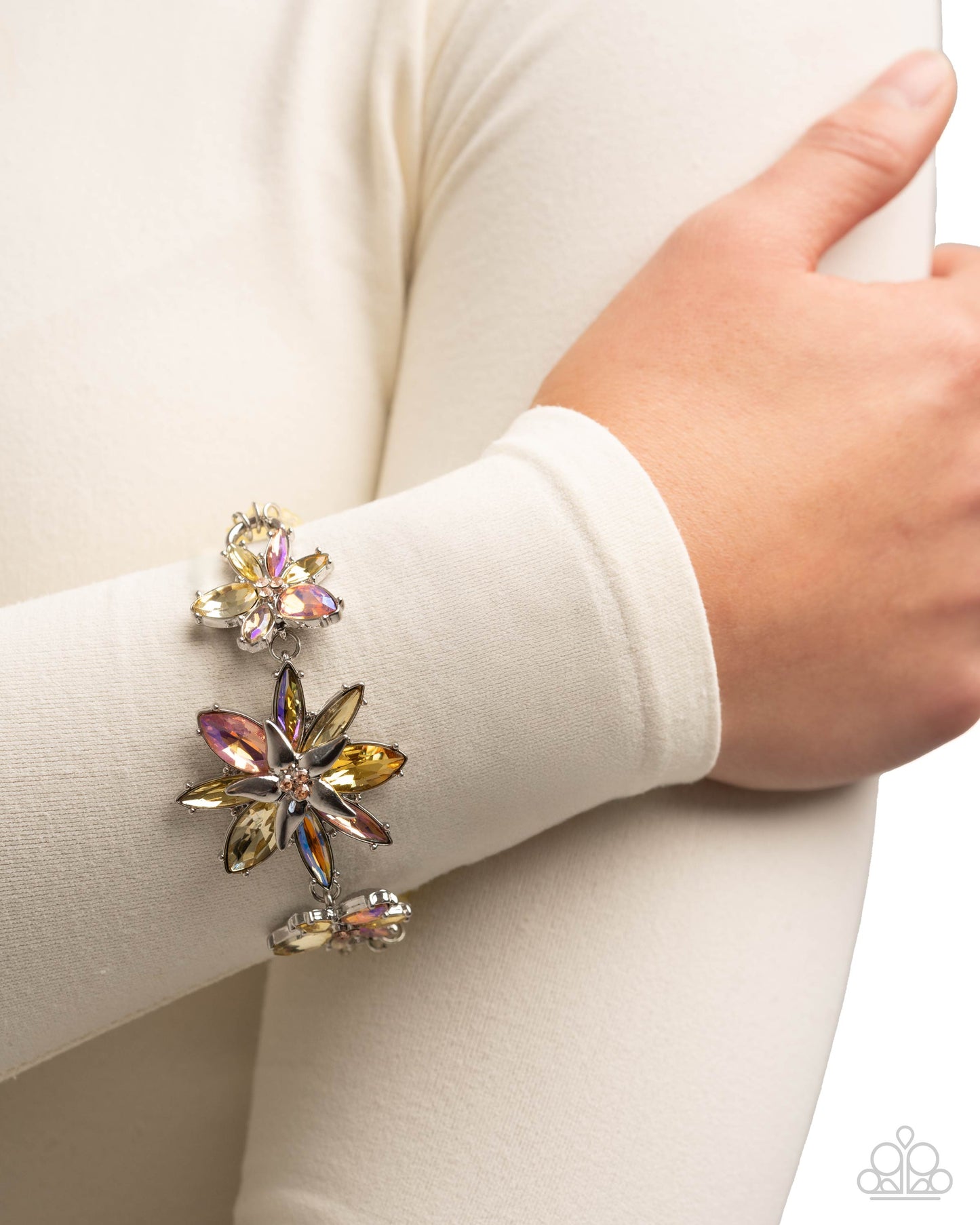 Floral Factor - Yellow Multicolored and UV-Shimmery Gem Flowers Peach Rhinestones Silver Clasp Bracelet