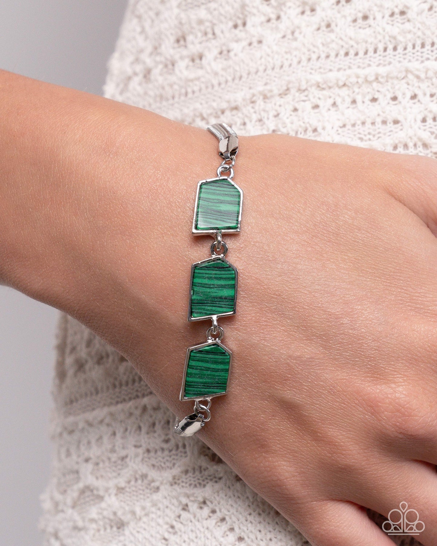 Lined Leisure - Green-Striped Abstract Stones Silver Clasp Bracelet