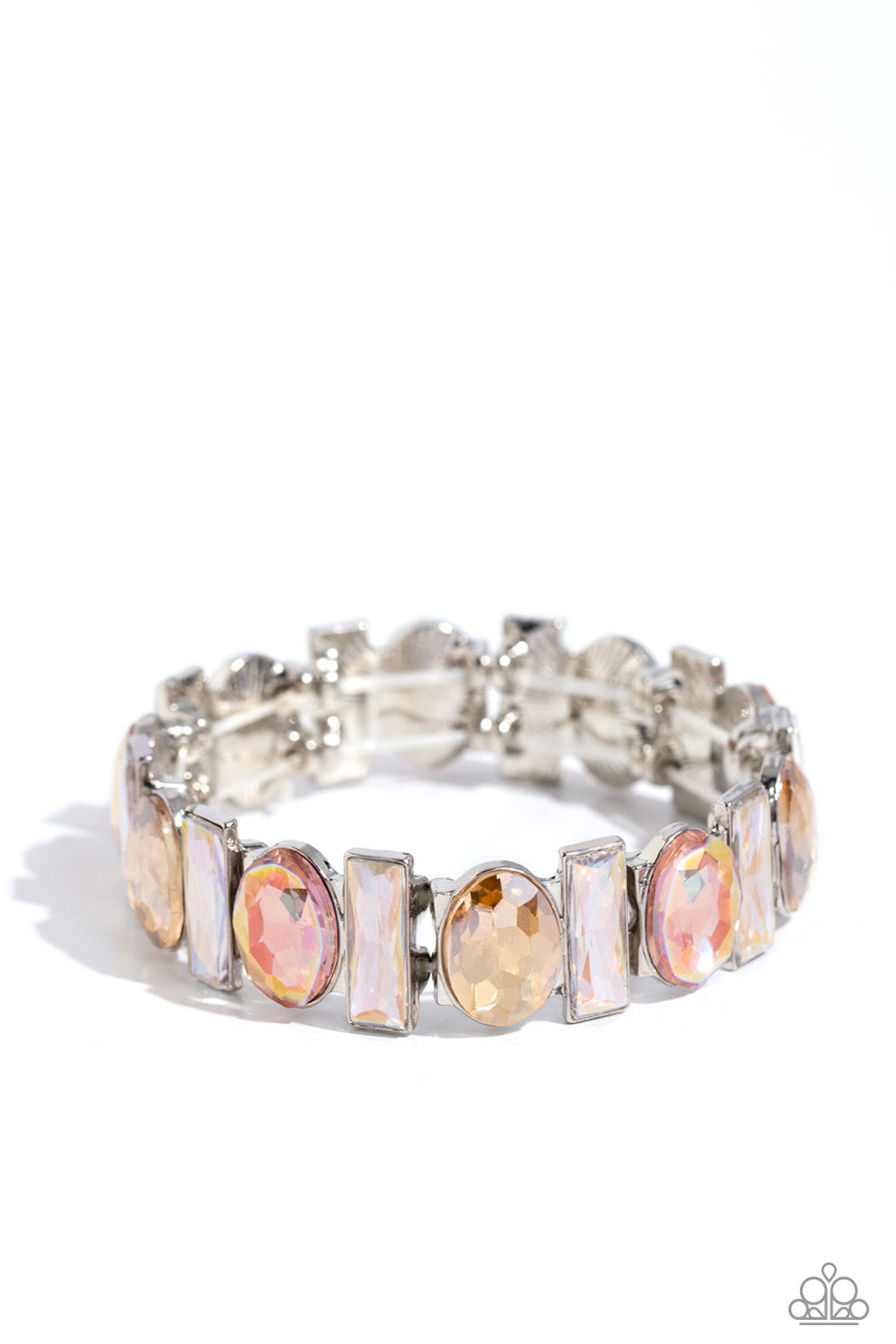 Complimentary Couture - Multi Iridescent Peach Gem Silver Stretchy Bracelet