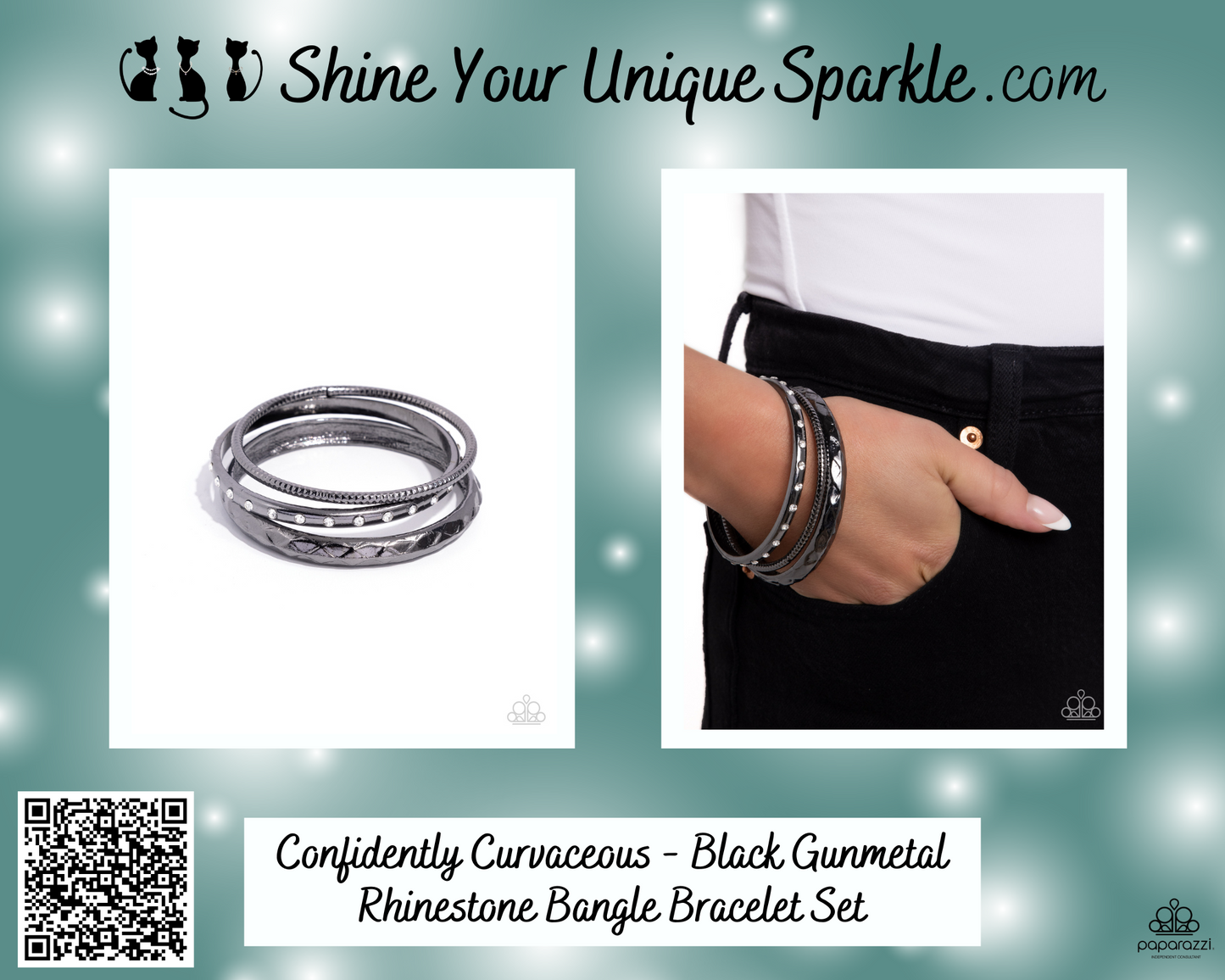 Confidently Curvaceous - Black Gunmetal Rhinestone Bangle Bracelet Set