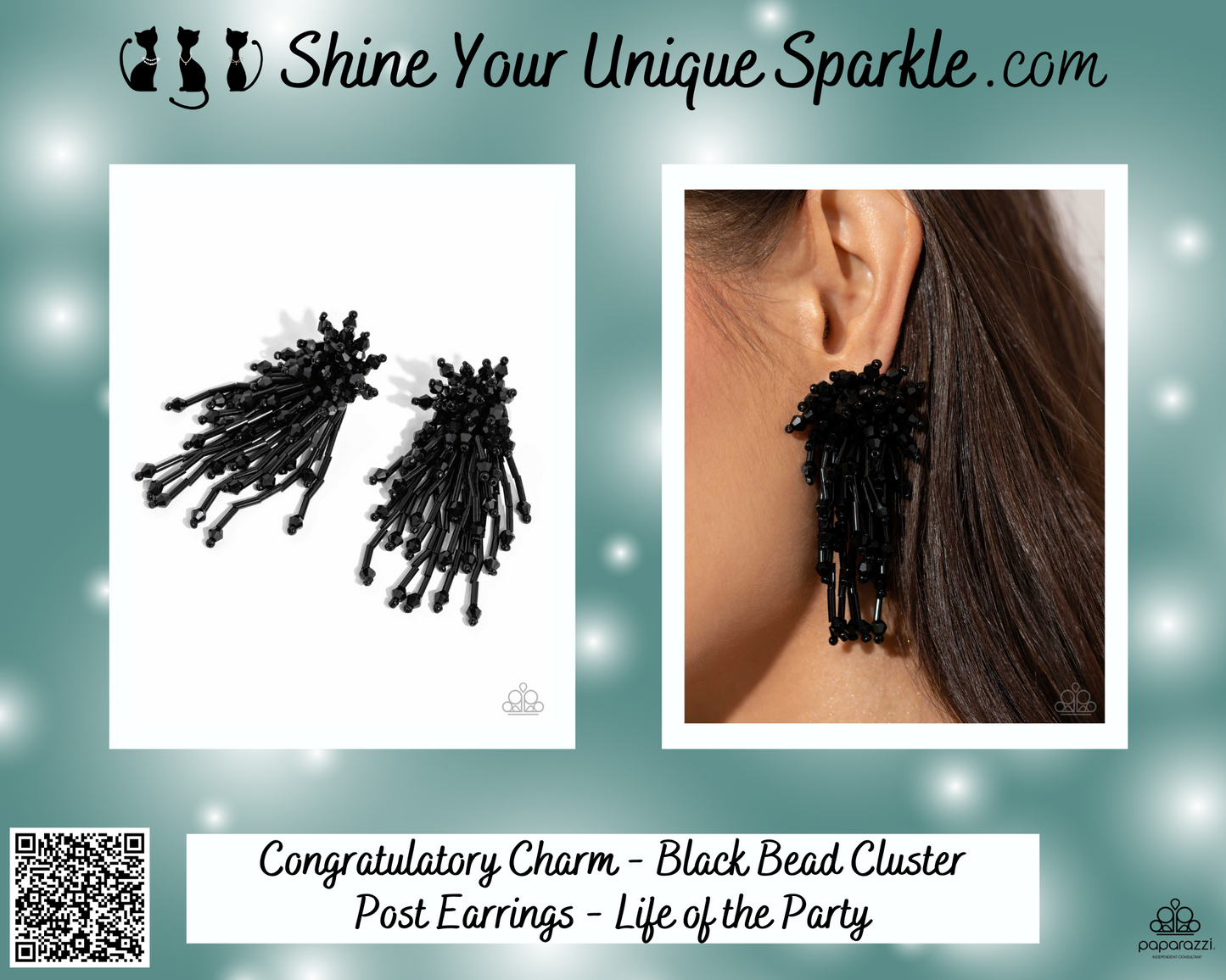 Congratulatory Charm - Black Bead Cluster Post Earrings - Life of the Party
