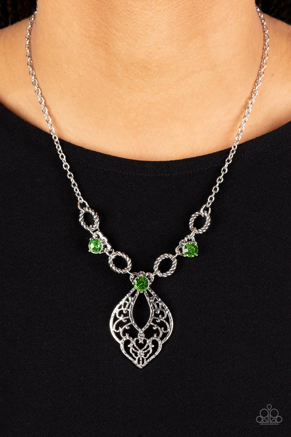 Contemporary Connections - Green Rhinestone Silver Short Necklace