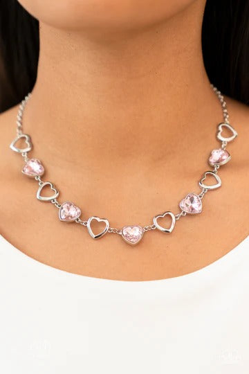 Contemporary Cupid - Pink Heart Gem Silver Short Necklace