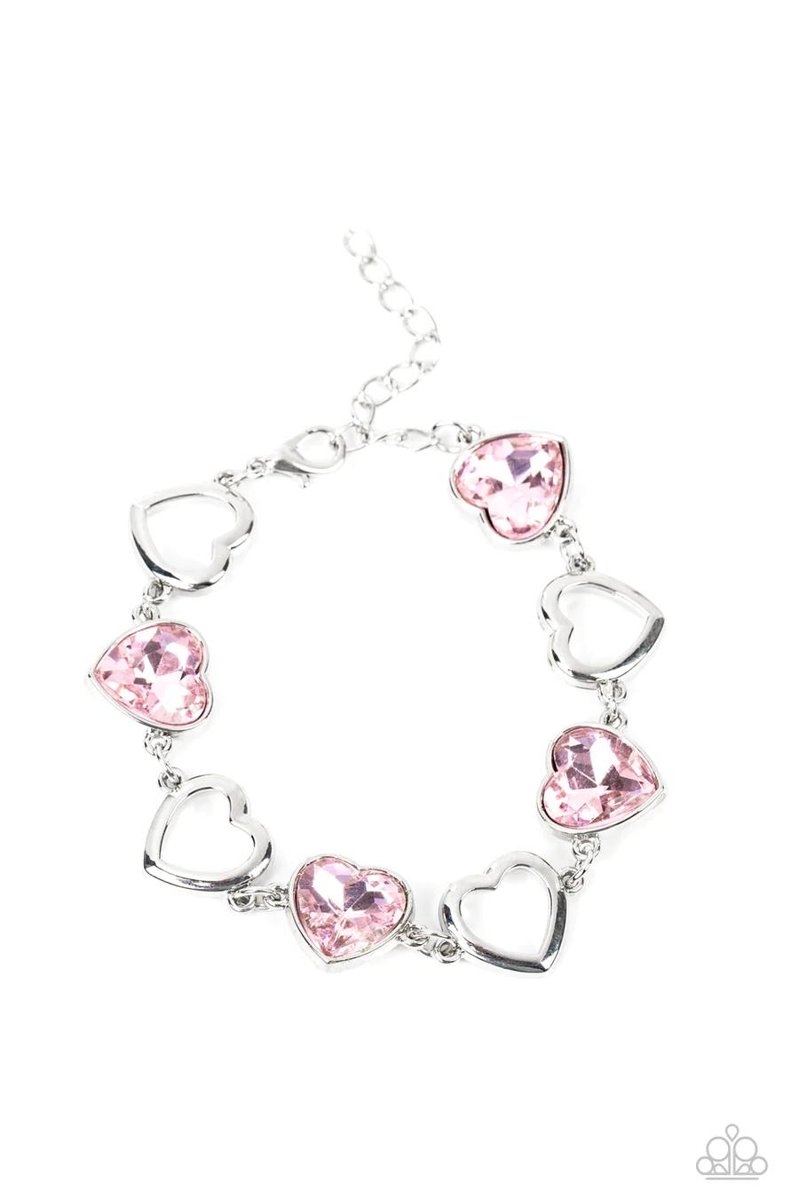 Sentimental Sweethearts - Pink Heart Gem Silver Clasp Bracelet