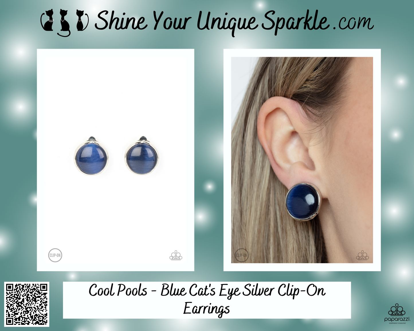 Cool Pools - Blue Cat's Eye Silver Clip-On Earrings