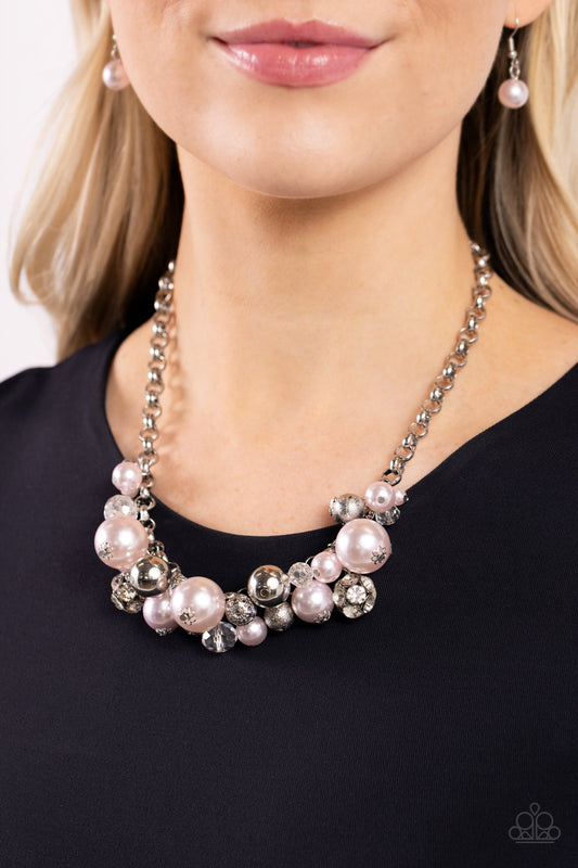 Corporate Catwalk - Pink Pearls, Crystal-like and Silver Beads, Silver Short Necklace