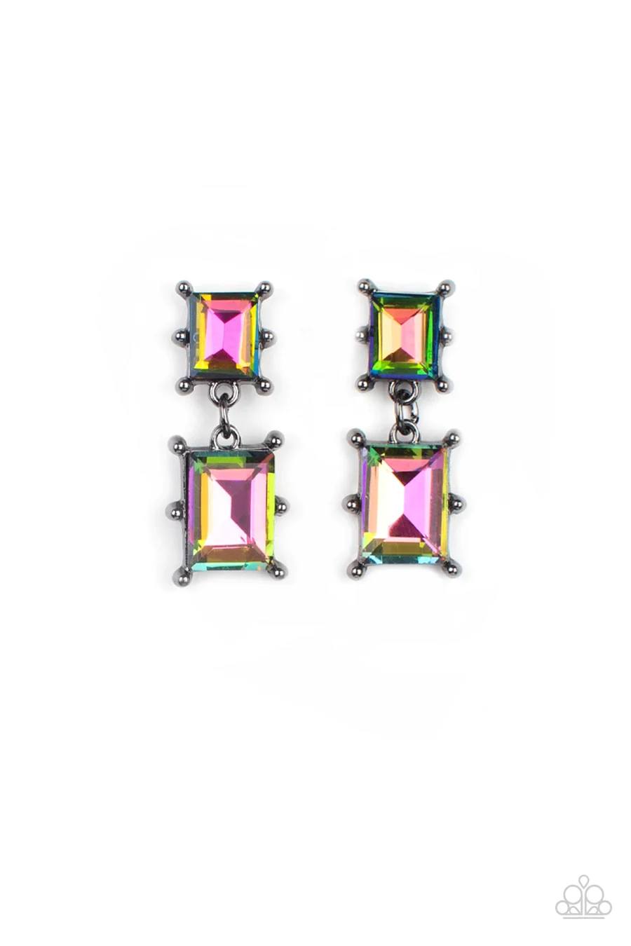 Cosmic Queen - Multi Oil Spill Gem Gunmetal Post Earrings