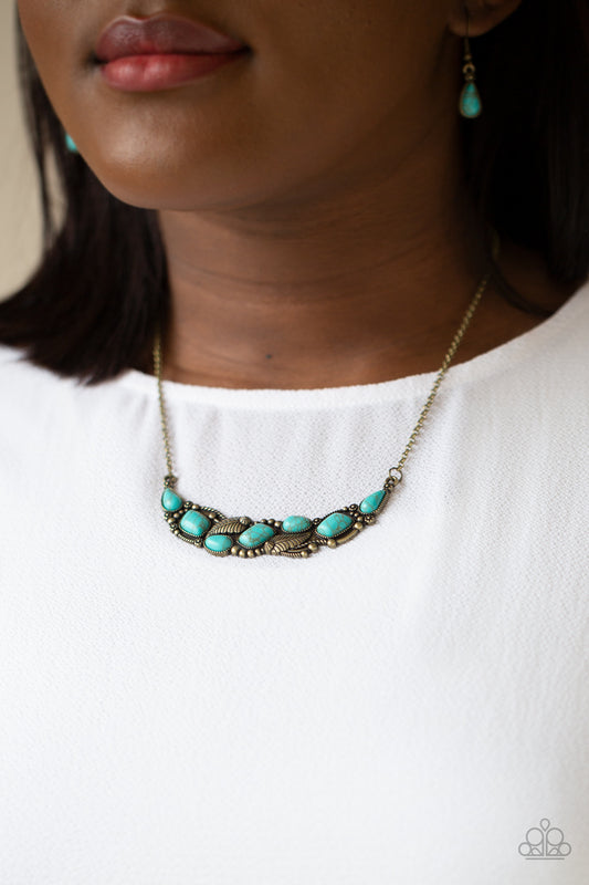 Cottage Garden - Brass and Turquoise Floral and Feather Short Necklace