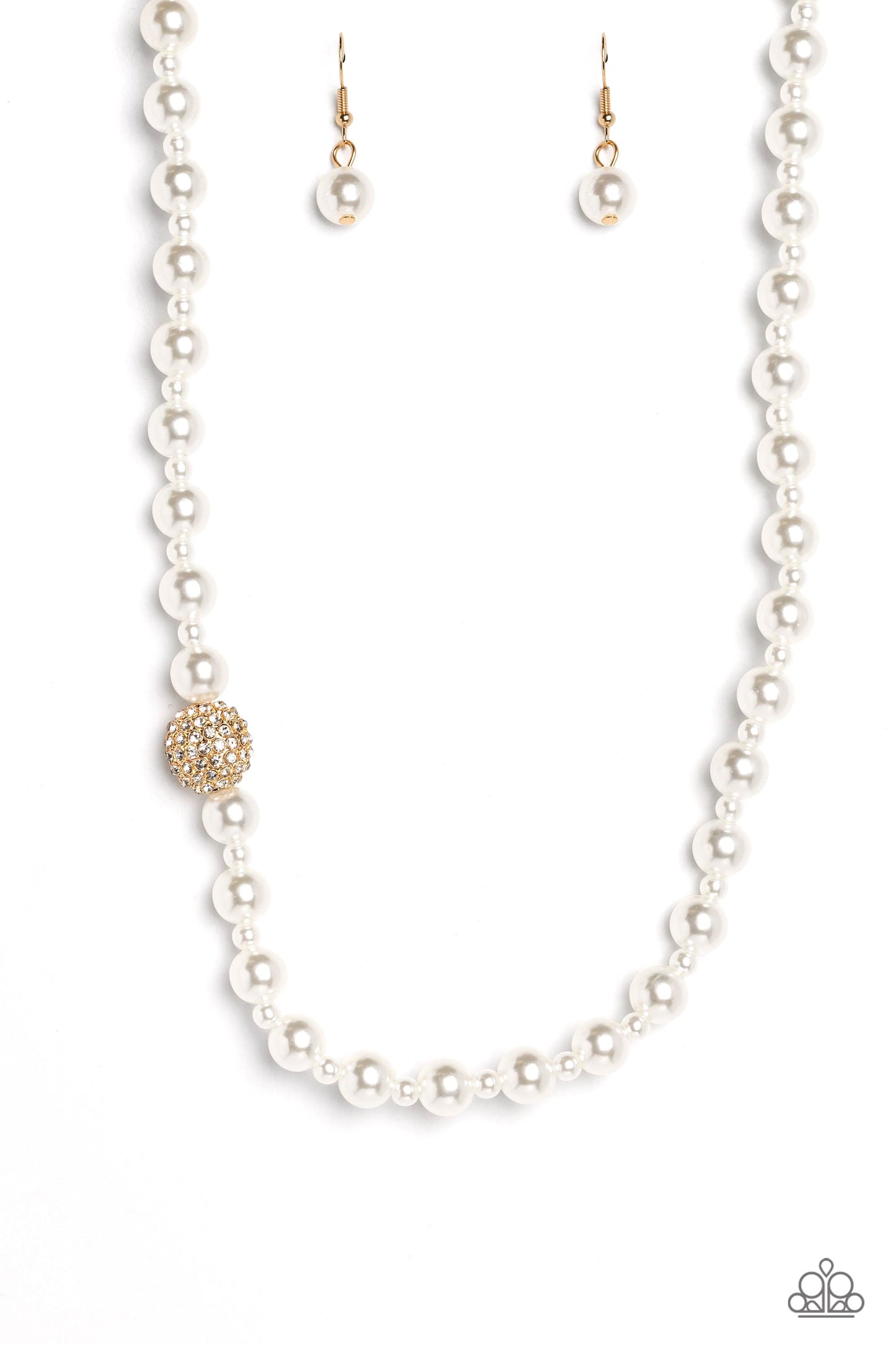 Countess Chic - Gold Rhinestone White Pearl Short Necklace