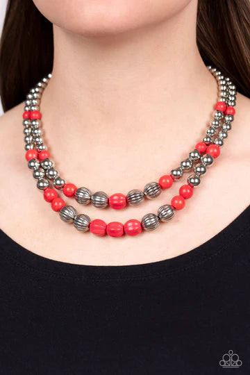 Country Road Trip - Red and Silver Bead Layered Short Necklace