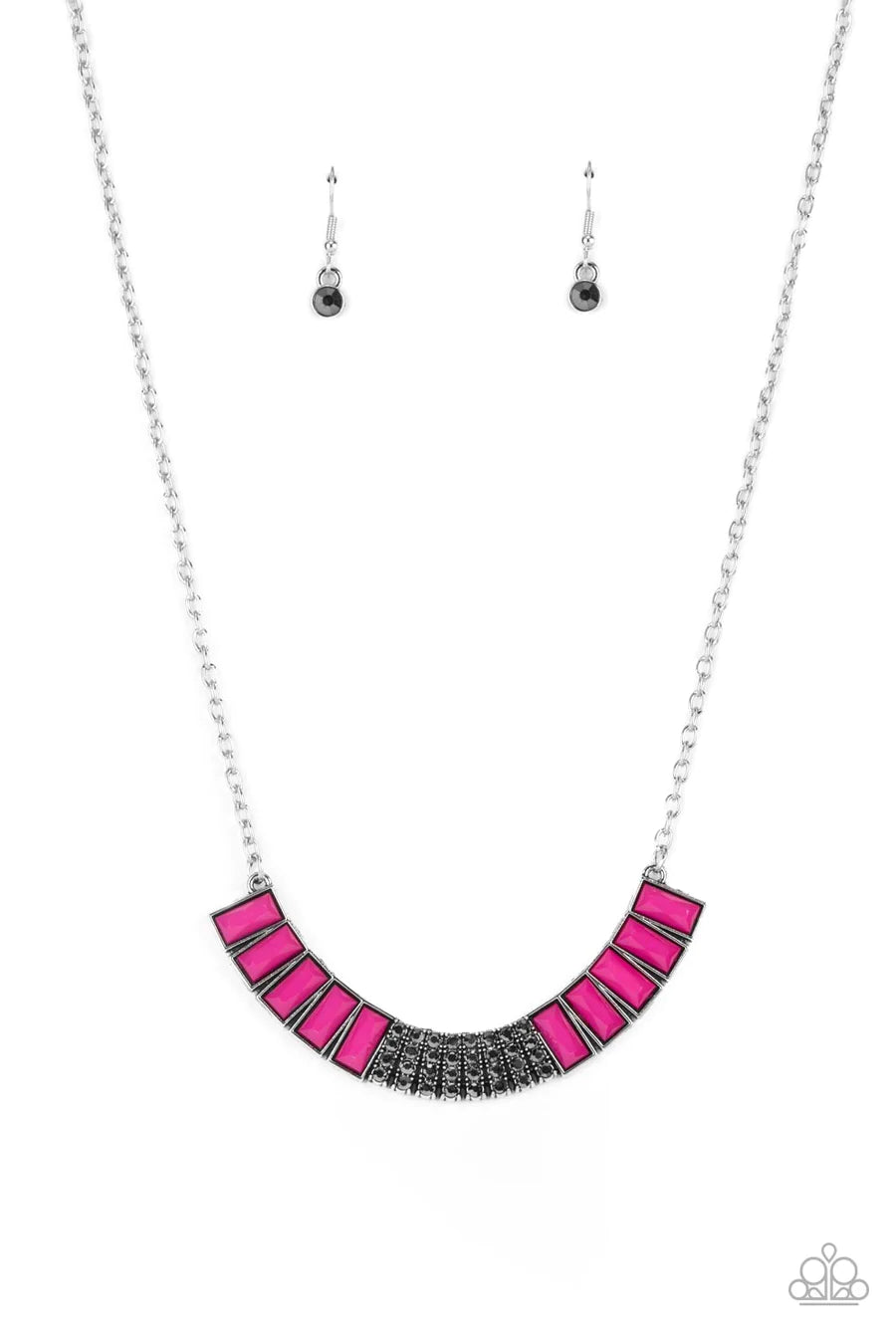 Coup de MANE - Pink Fuschia Bead Hematite Rhinestone Crescent Silver Short Necklace