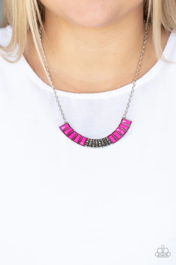 Coup de MANE - Pink Fuschia Bead Hematite Rhinestone Crescent Silver Short Necklace