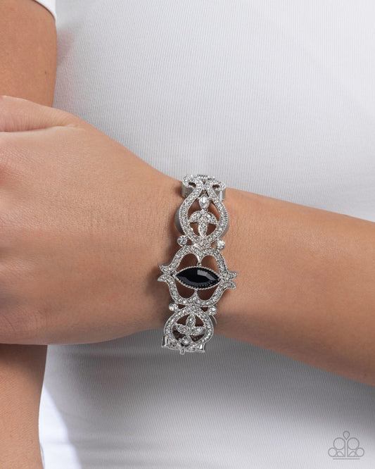 Courtly Coquette - Black Gem White Rhinestones Silver Hinge Bracelet