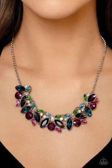 Crowning Collection - Multi Purple Pink Blue Green Gem Silver Short Necklace - Empower Me Pink Exclusive