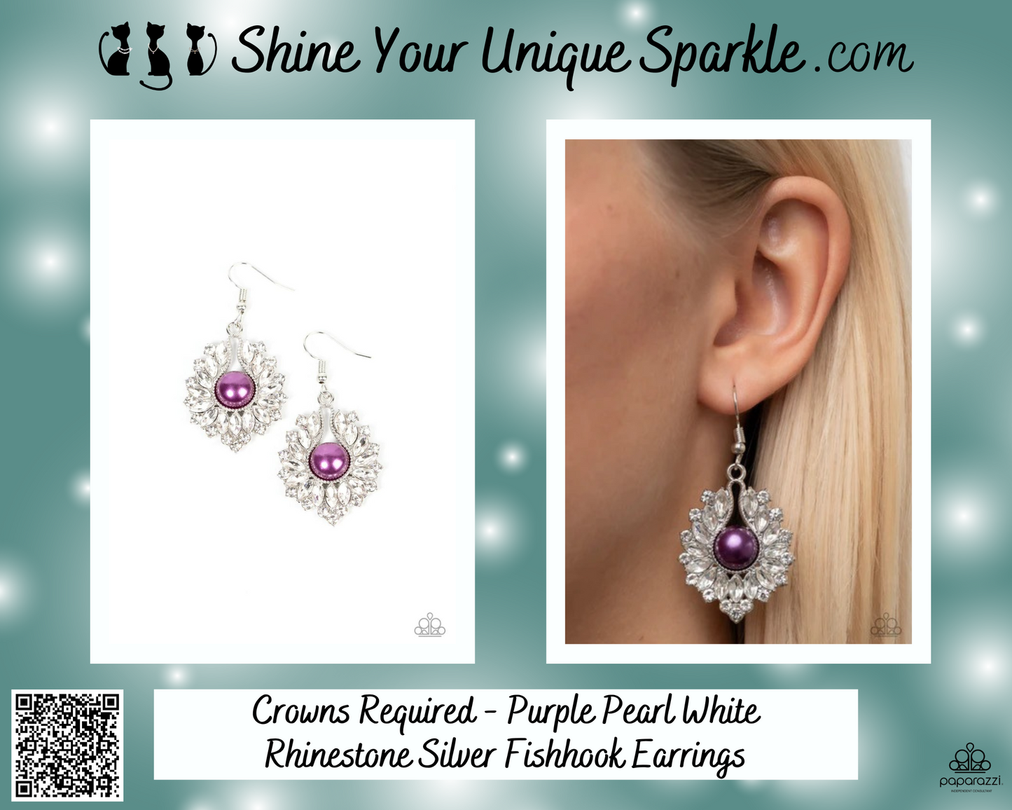 Crowns Required - Purple Pearl White Rhinestone Silver Fishhook Earrings