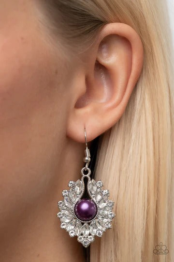 Crowns Required - Purple Pearl White Rhinestone Silver Fishhook Earrings