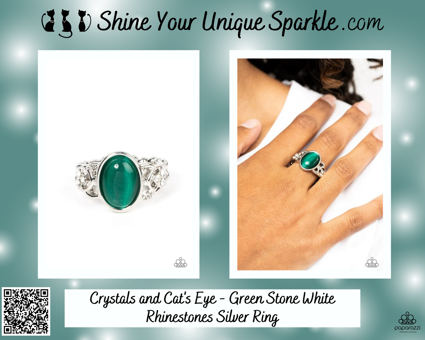 Crystals and Cat's Eye - Green Stone White Rhinestones Silver Ring