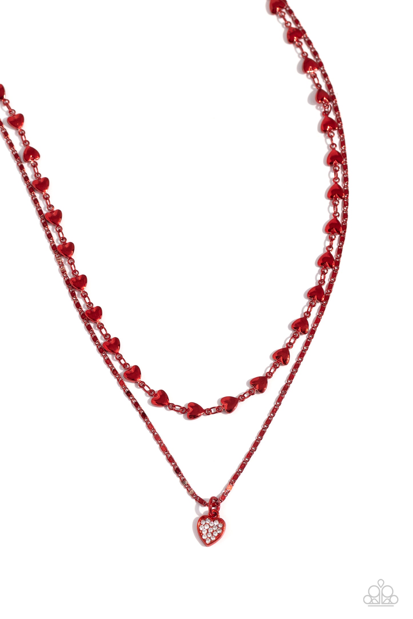 Cupid Combo - Red Heart White Rhinestone Short Tiered Necklace