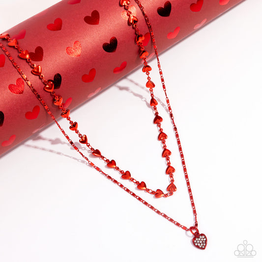 Cupid Combo - Red Heart White Rhinestone Short Tiered Necklace