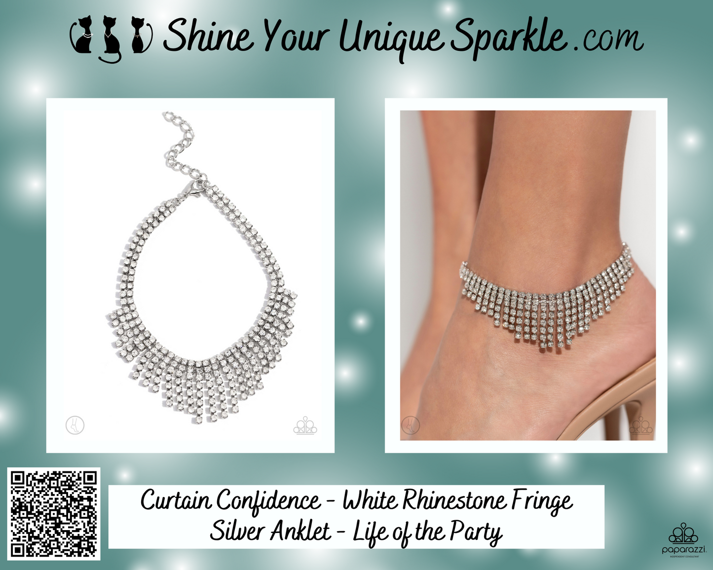 Curtain Confidence - White Rhinestone Fringe Silver Anklet - Life of the Party