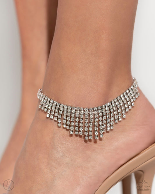 Curtain Confidence - White Rhinestone Fringe Silver Anklet - Life of the Party
