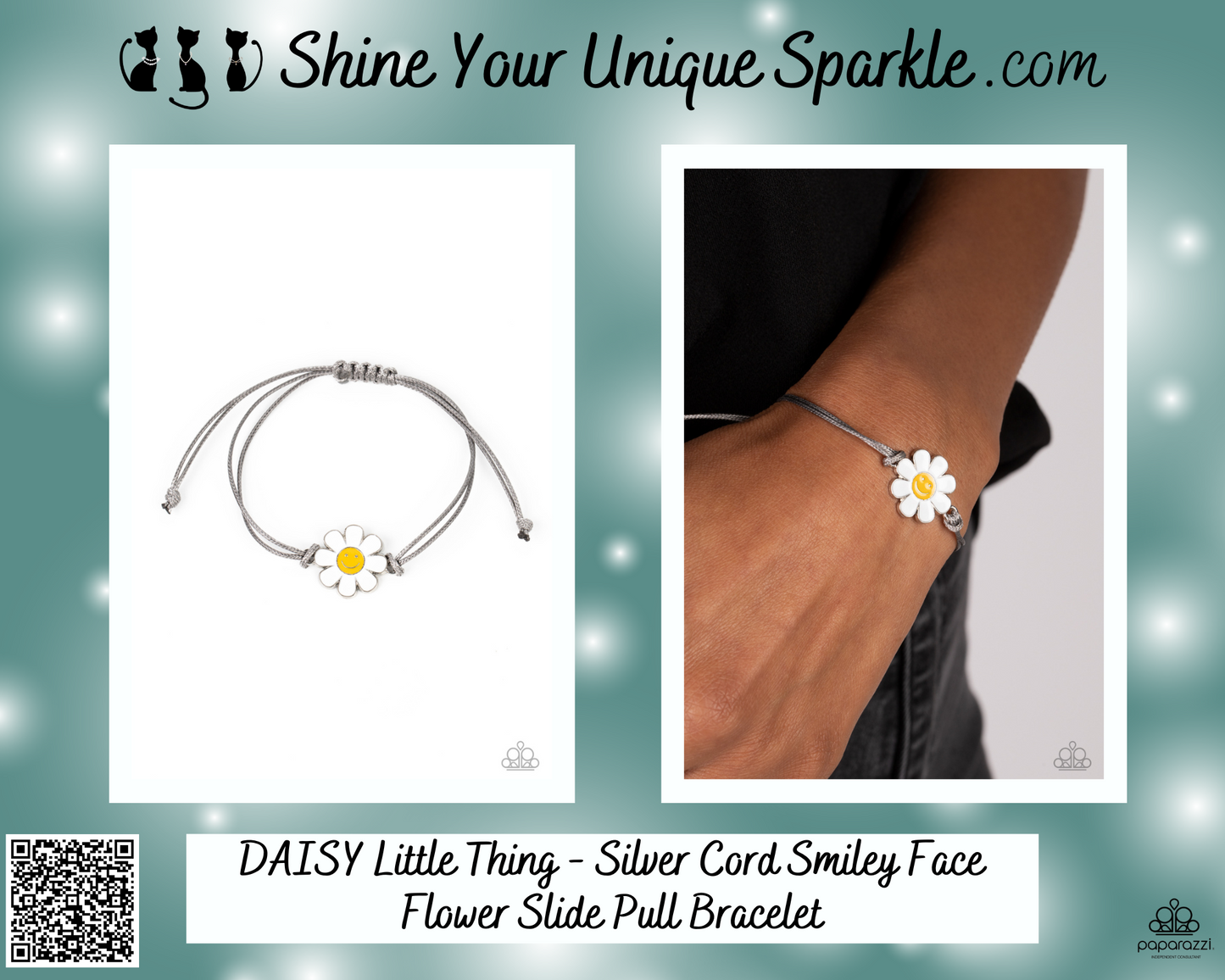 DAISY Little Thing - Silver Cord Smiley Face Flower Slide Pull Bracelet