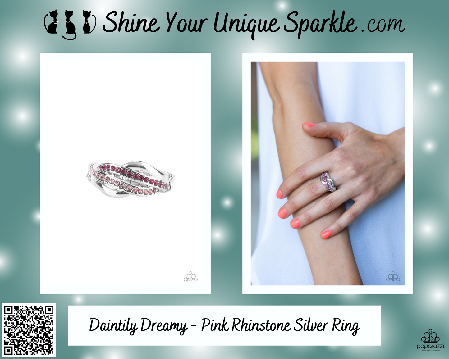 Daintily Dreamy - Pink Rhinestone Silver Ring