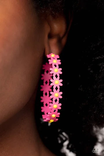 Daisy Disposition - Pink and Yellow Daisies Hoops Post Earrings - 2023 Summer Party Pack Exclusive