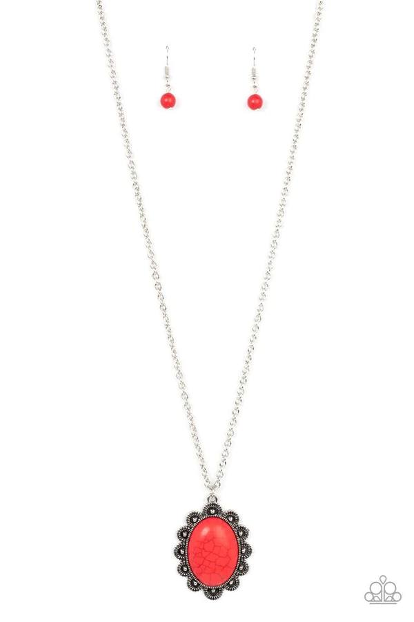 Daisy Dotted Deserts - Oval Red Stone Pendant Silver Medium-Length Necklace