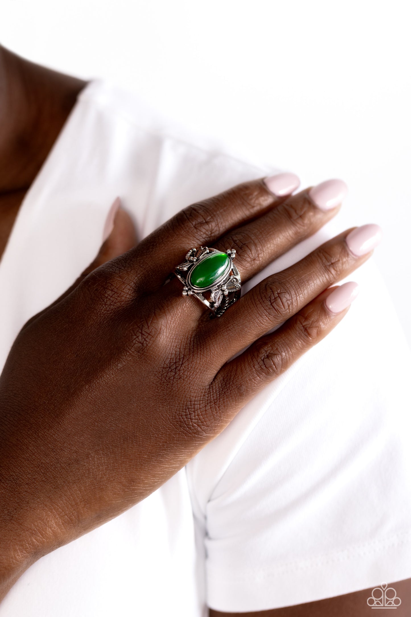 Dance of the Dragonflies - Green Stone Silver Dragonfly Ring